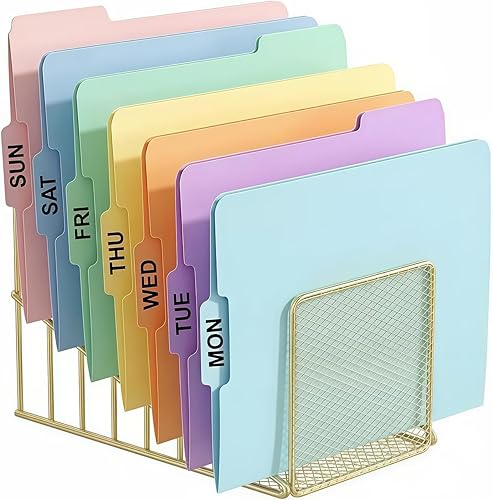 Simmer Stone Gold Desk Organizer 7 Slot Inclined Vertical File Folder Holder Sorter with Mesh Front Metal Wire Rack for Mail, Slim Binders, Books