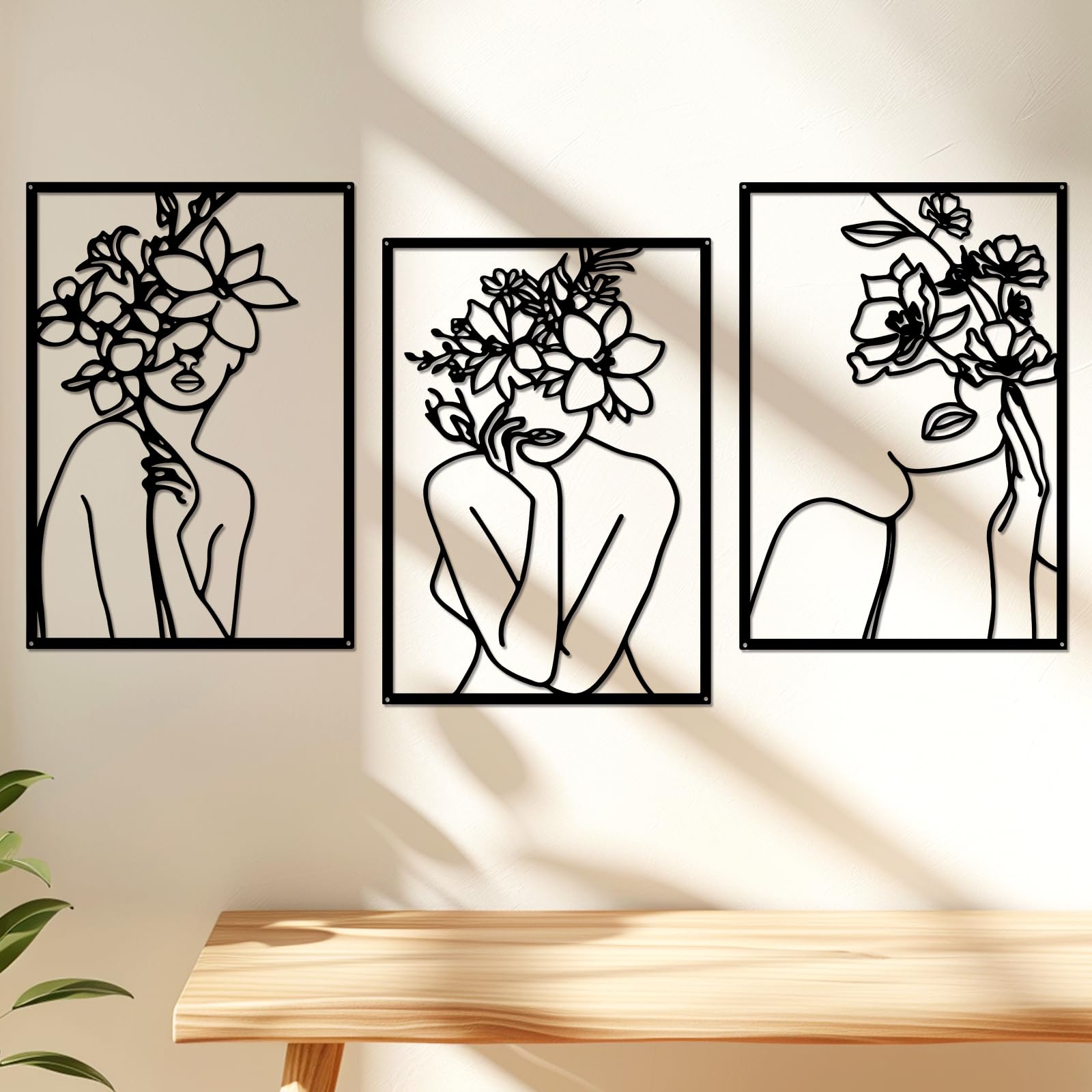 DETENE 3 Piezas Decoracion Pared Metal Negro Decoración de Pared Minimalista Arte Decoración Pared de Metal Femenina Decoración de Pared de Una Sola Línea para Dormitorio Sala Estar Baño Galería