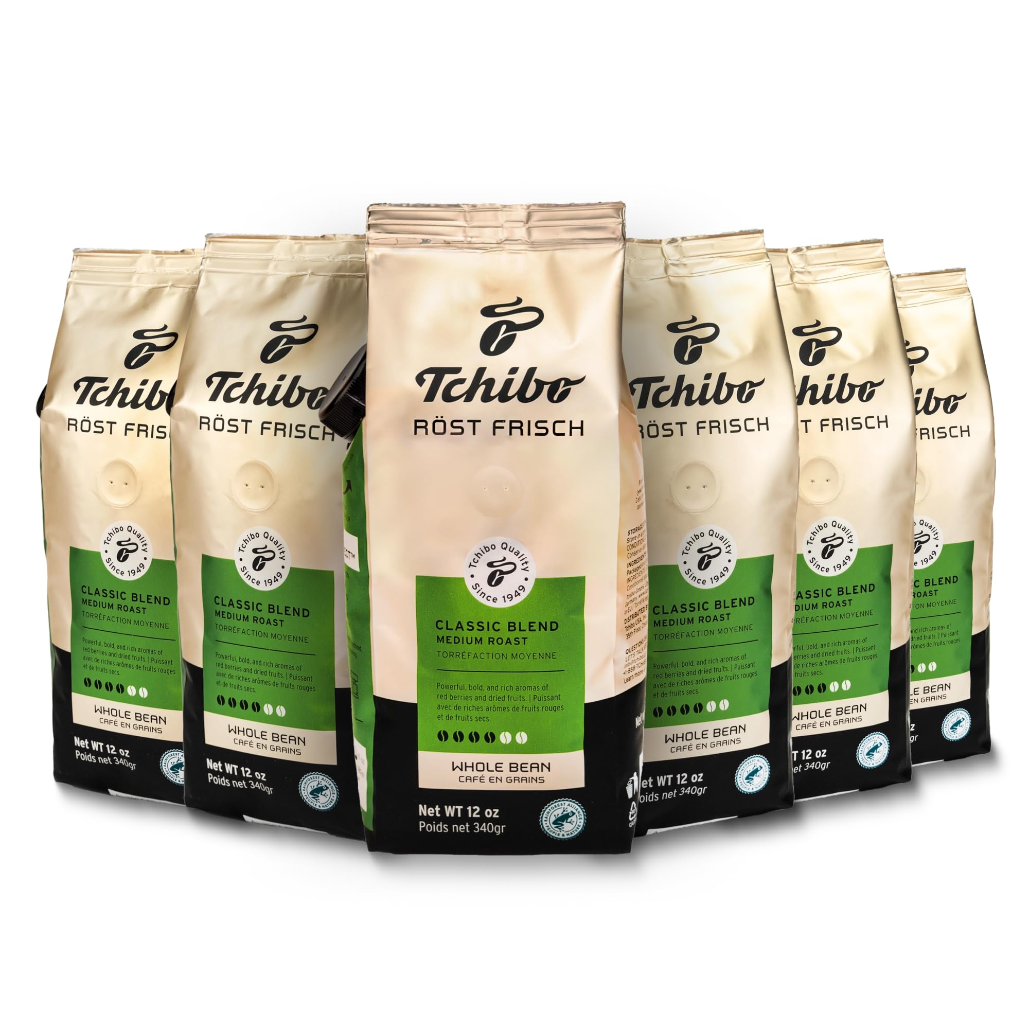 TchiboWhole Bean Coffee - Röst Frisch Classic Blend - Medium-Roast Arabica Beans with Rich Aromas of Red Berries and Dried Fruits - Intensity 4/6, Acidity 2/6, Roast Level 4/6-6x 12 oz - Pack of 6Rainforest AllianceRainforest AllianceRainforest AllianceRainforest Alliance