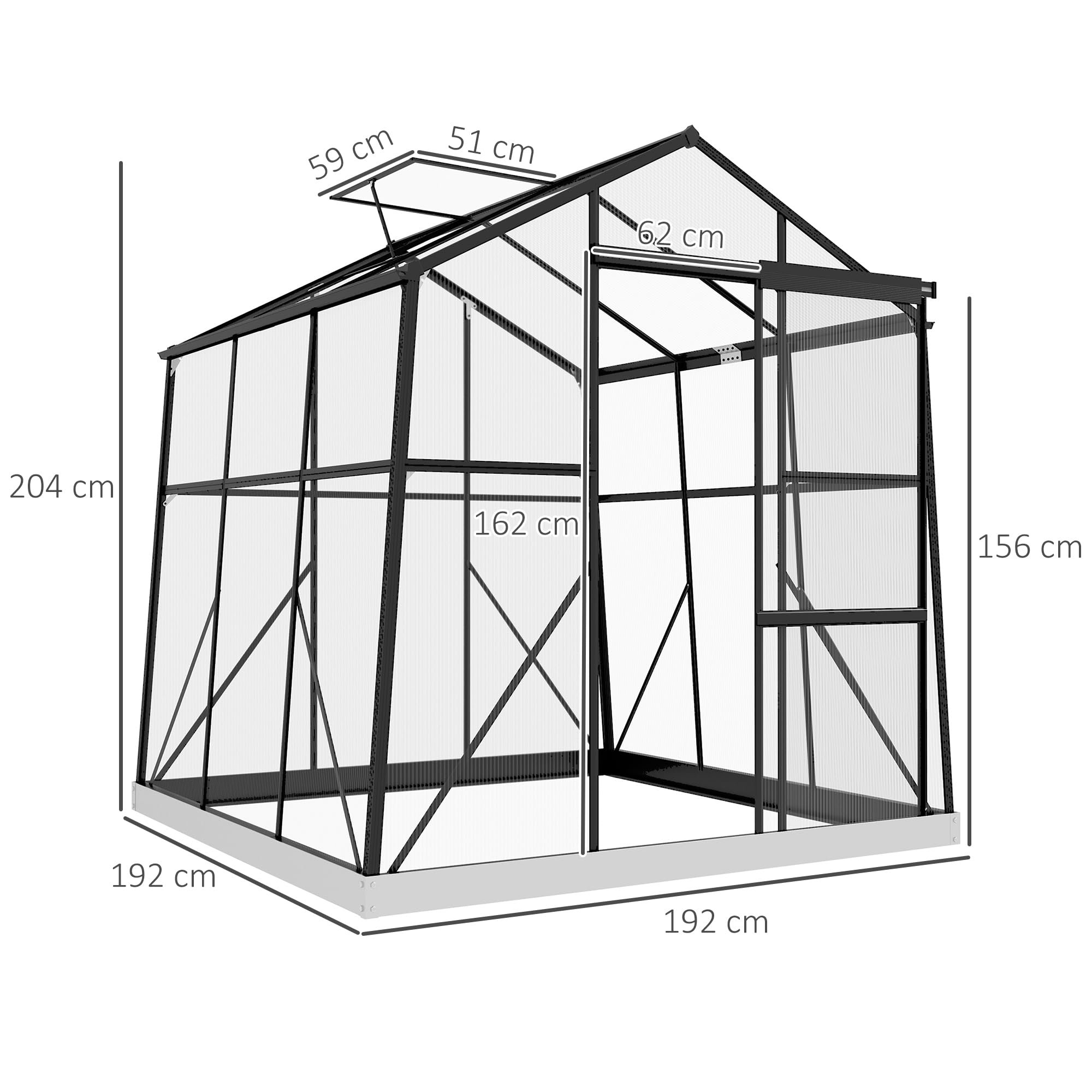 Outsunny Gewächshaus Aluminium mit Fundament 192 x 192 x 204 cm Schwarz | Treibhaus, 3,68 m², Tomatenhaus, Fenster, Schiebetür, Aufzucht Pflanzenhaus, für Garten, Balkon