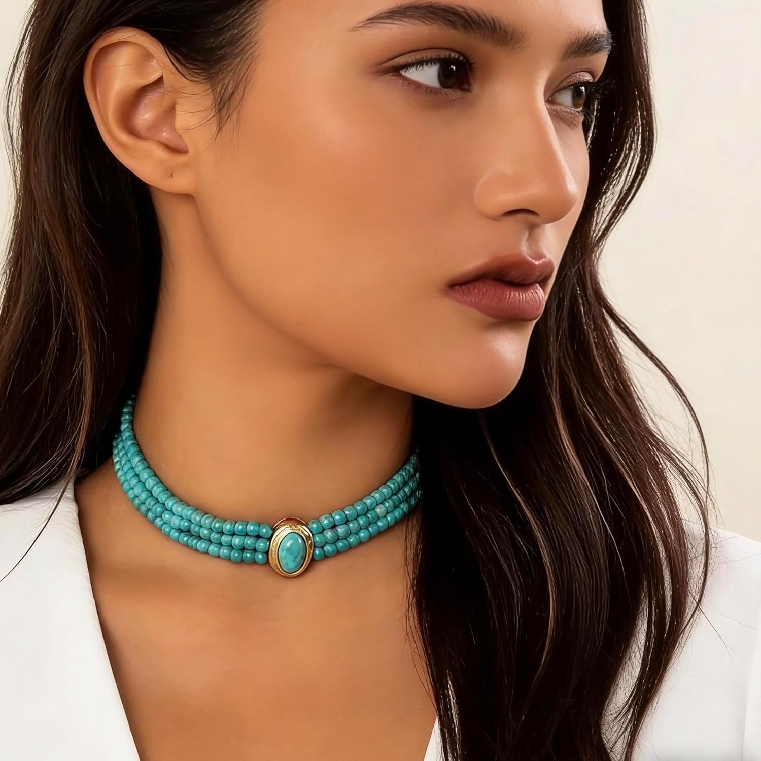 SukAmi Turquoise Choker Necklace Women 3 Layers Necklace Multi Strands Necklace 20s Turquoise Bib Pendant Necklace Choker Party Jewelry Christmas Gift 35+7cm - Image 3
