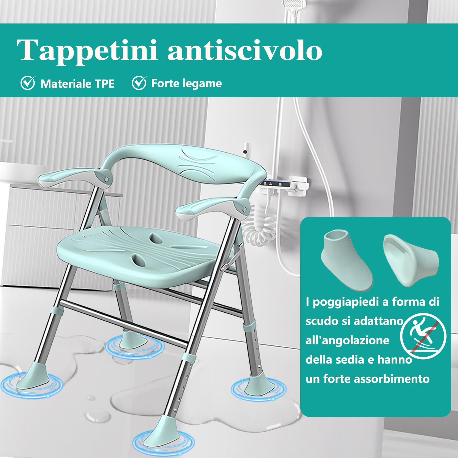 Sedia Per Doccia Anziani,Sgabello Doccia,Capacità Di Carico Massima 150kg, Braccioli Ripiegabili,Sedia Per Doccia Pieghevole Regolabile in Altezza A 5 Livelli (verde, Sedili piatti)