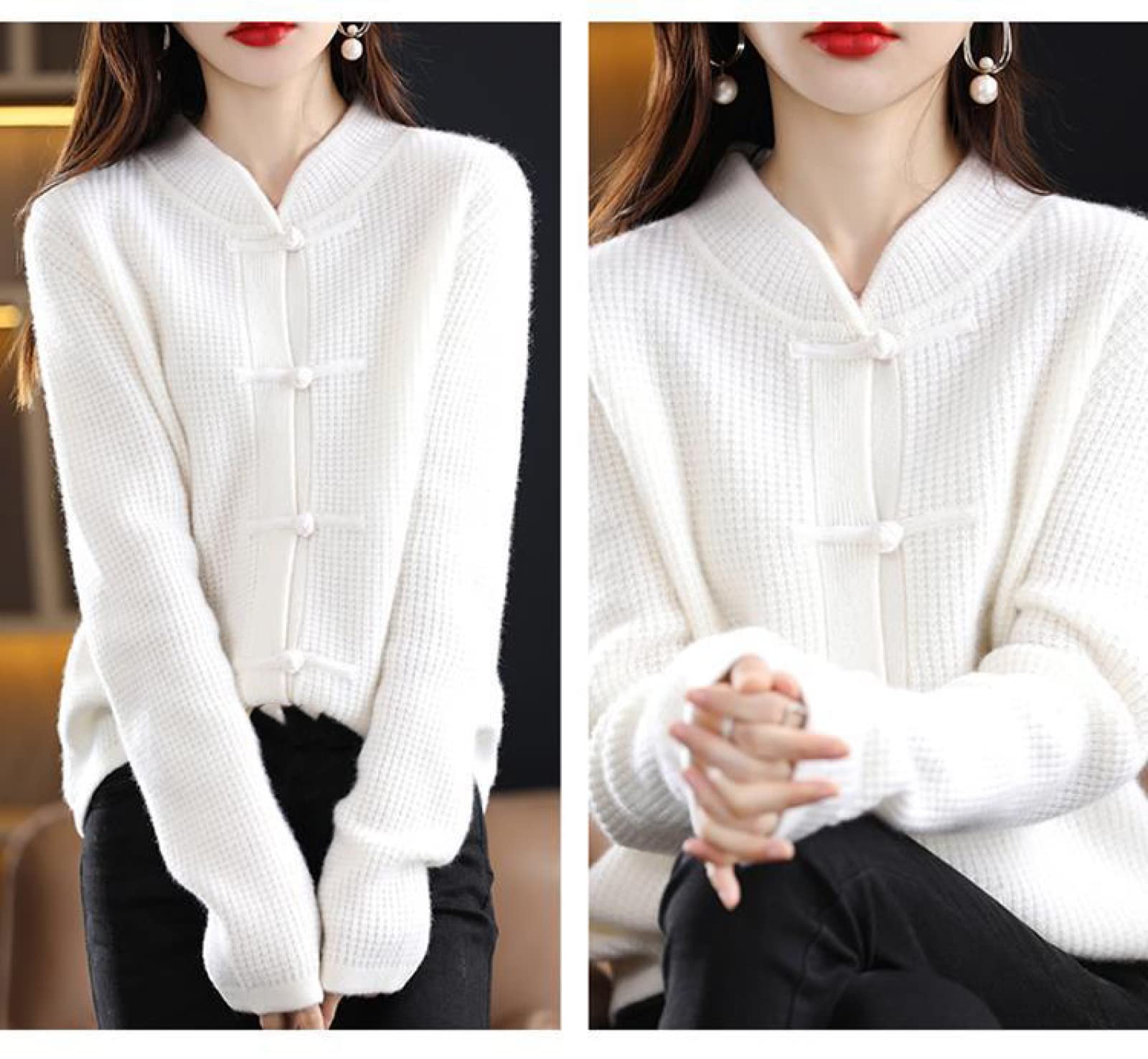 AGAATI Jersey de Punto para Mujer, cárdigan de Cachemira, Top de Punto de Lana con Hebilla Vintage, Rojo, XL, suéter de Manga Larga (Blanco M)