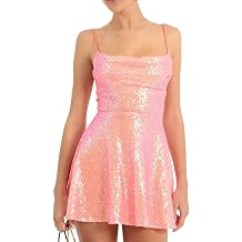 Felcia Women Glitter Sequin Mini Dress Spaghetti Strap Backless A-Line Cami Dress Sleeveless Sparkle Party Clubwear Dress