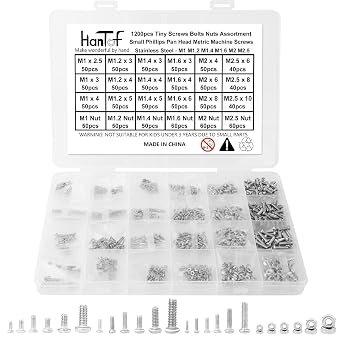 1200pcs Metric Tiny/Very Small/Micro Machine Screw Nuts Assortment Kit, 304 Stainless Steel, M1 M1.2 M1.4 M1.6 M2 M2.5 Phillips Pan Head Screws Nuts for Watch, Toy, Electronic Equipment Repair