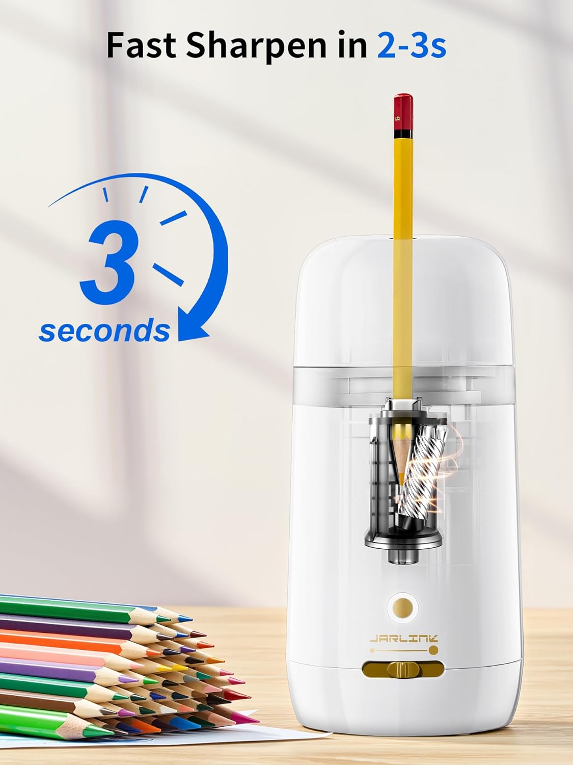 JARLINK Automatic Electric Pencil Sharpener - Hands-Free Operation, 3 Sharpness Modes, 3-Second Sharpening, Rechargeable & Portable for 7-12mm Pencils, Ideal for Classroom and Home Use (White)