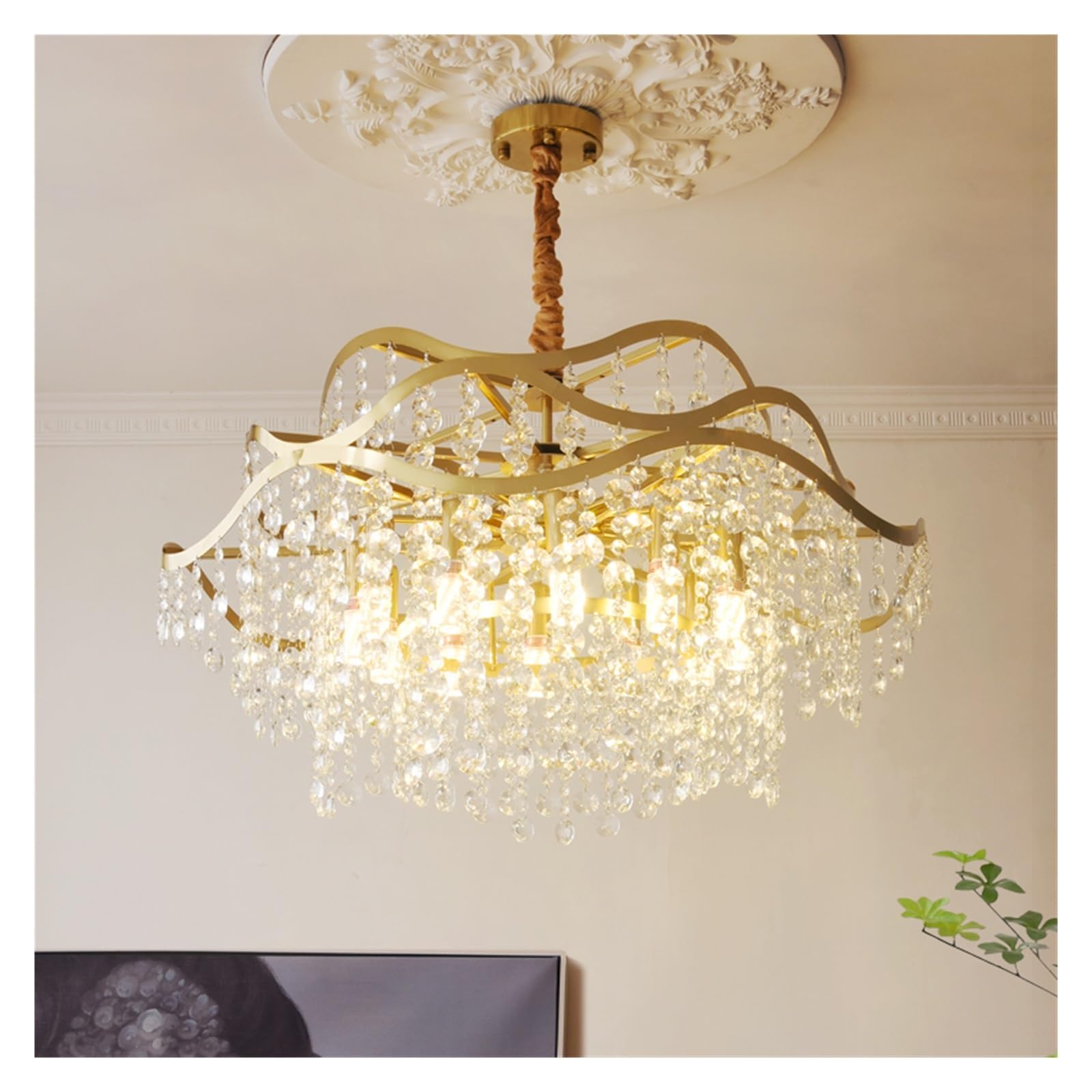 ZTCHSENZT Crystal Chandelier All Copper Lamp Villa Restaurant Light Living Room Warm Art Study Aisle Shell Light,Warm Light-D80CM H45CM