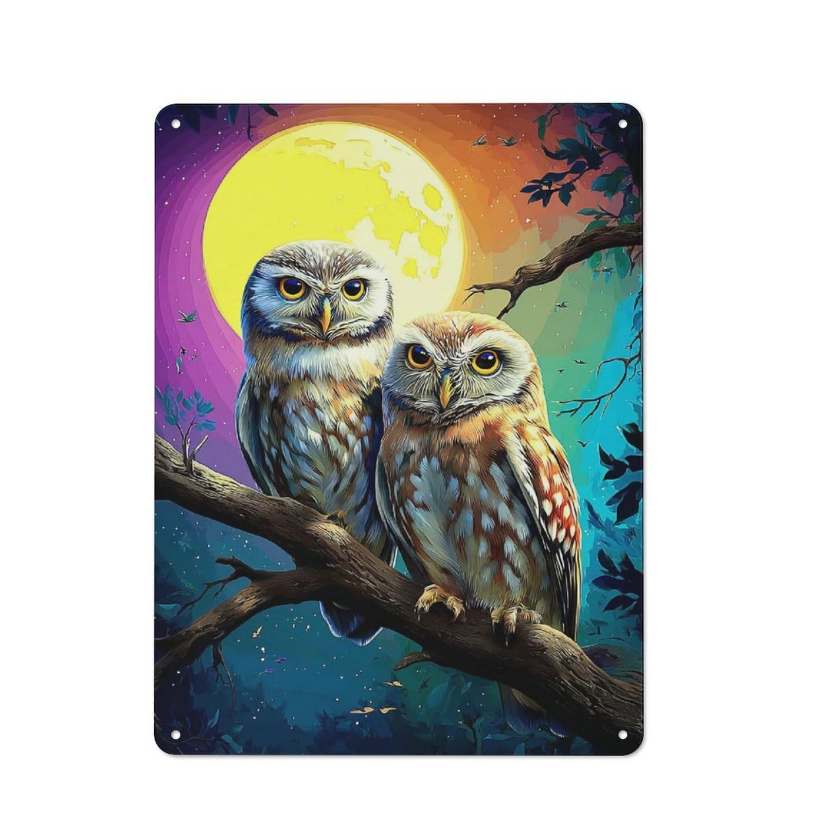 Junmoney Owls Under A Colorful Moonlit Sky Rustic Metal Sign 40X30cm For Living Room Wall, With Clear Rustic Wall Decor Character