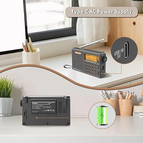Miniatura 3 de SIHUADON R-108 Radio portátil AM FM SW LW Airband, pequeña radio de emergencia retro digital funciona con pilas, 5 W, altavoz con alarma para