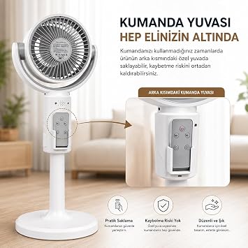 Şarjlı Ayaklı Vantilatör, 5 Hız Kademeli, Uzaktan Kumandalı, Type-C Şarj, Sessiz Brushless Motor, 120° Salınım, 180° Açı Ayarı, 1-8 Saat Zamanlayıcı, Masaüstü ve Ayaklı Kullanım, 10W