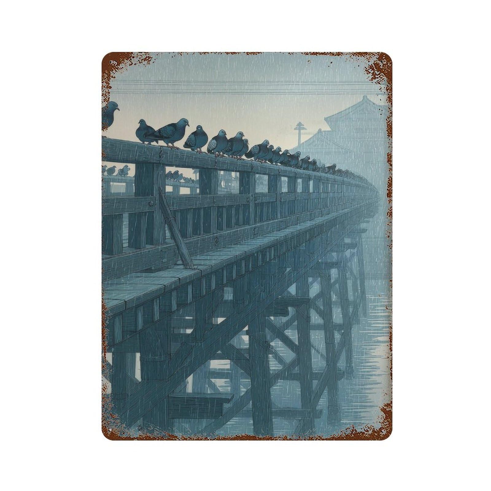 xiaoxiaoshen Pigeons On Rainy Wooden Bridge. Ukiyo Wall Decor Art Metal Tin Poster Modern Home Decor Art Home Bar Shop Decorations Vintage Sign 40x30cm