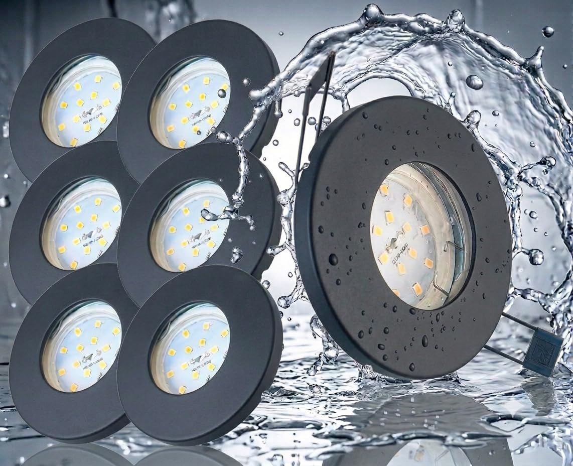 Trango 6er Set IP65 BAD Einbaustrahler 6729IP65-061-5WAK Anthrazit matt inkl. 6x 5 Watt GU10 LED Leuchtmittel 3000K warmweiß & Fassung Außen Einbauleuchte, Badleuchte, Deckenspot Dusche Deckenstrahler