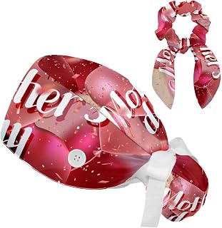 FVQL 2 Pieces Surgical Cap for Long Hair Scrub Cap with Hairband Nurse Cap, Mother's Day and Heart Pattern Balloon