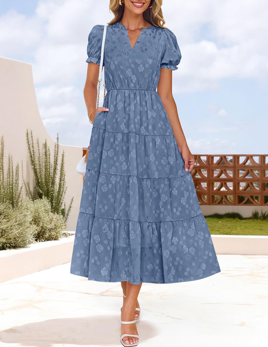 ZESICA Womens 2026 Summer Puff Short Sleeve Midi Dress Floral V Neck Textured Ruffle Flowy Beach Party Dresses - Image 7