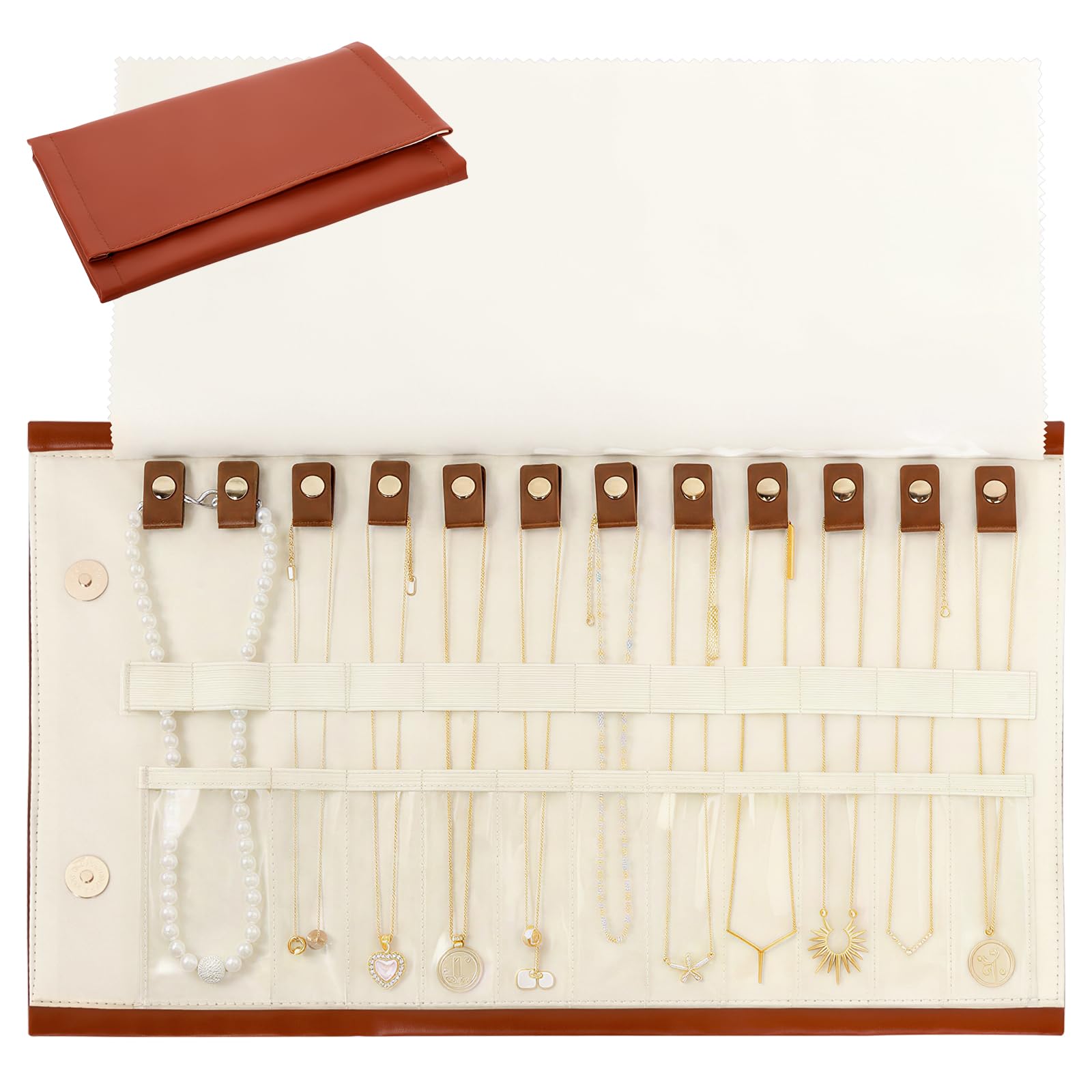 shaojian Jewellery Rolls for Travelling, Foldable PU Leather Necklace Organiser with 12 Necklace Hooks, Tangle-Free Portable Jewellery Pouch for Women(Camel)