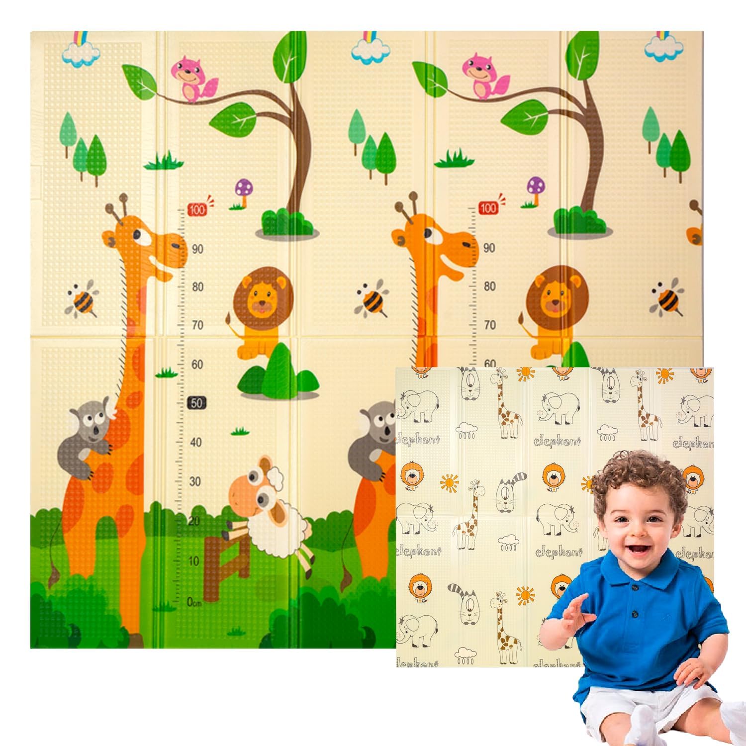 Edibaby, Alfombra Bebe, 200 x 180 cm, 1 cm Grosor, Diseño Infantil, Acolchada de XPE, Reversible y Plegable, Tapete Actividades, Colchoneta para Niños para Juegos en el Suelo (Jungle Edition)