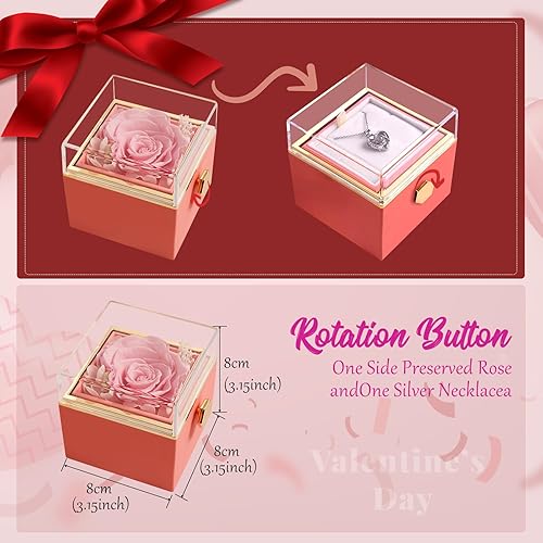 Miniatura 5 de HIAGROW Caja de regalo de rosa eterna, rosa roja preservada con collar, rosa roja para siempre con collar de corazón plateado, regalo de flores para