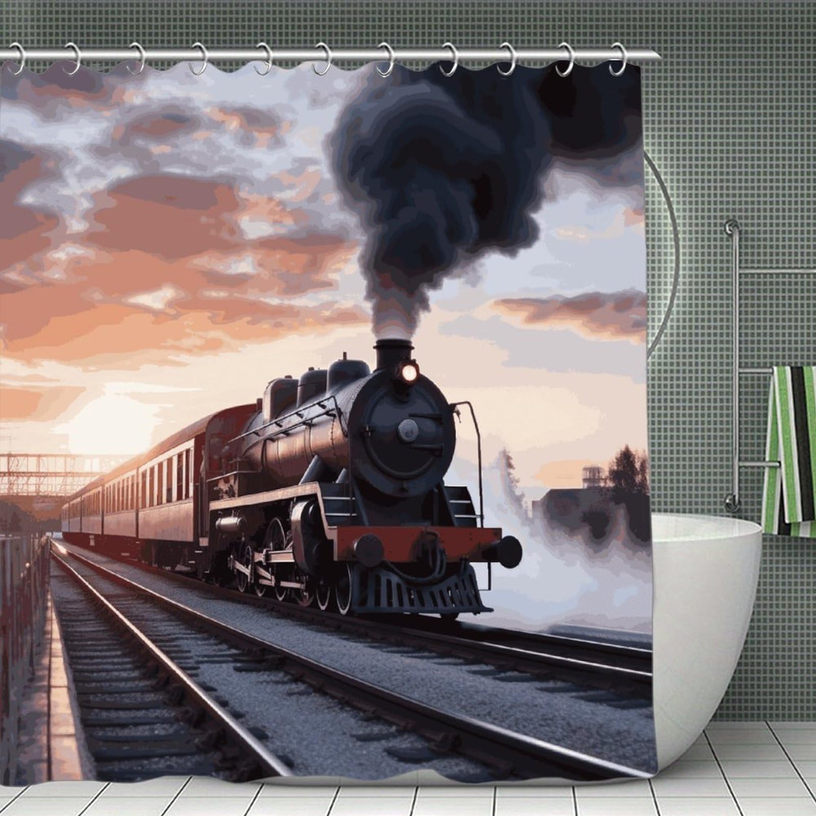 FekiLoot Steam Train Depart Sunset Shower Curtain Minimalist Thick Bathroom Curtain Washable Modern Bathroom Shower Curtain Heavy Duty Waterproof Cloth Bath Curtain with Hooks 70.8"x70.8"