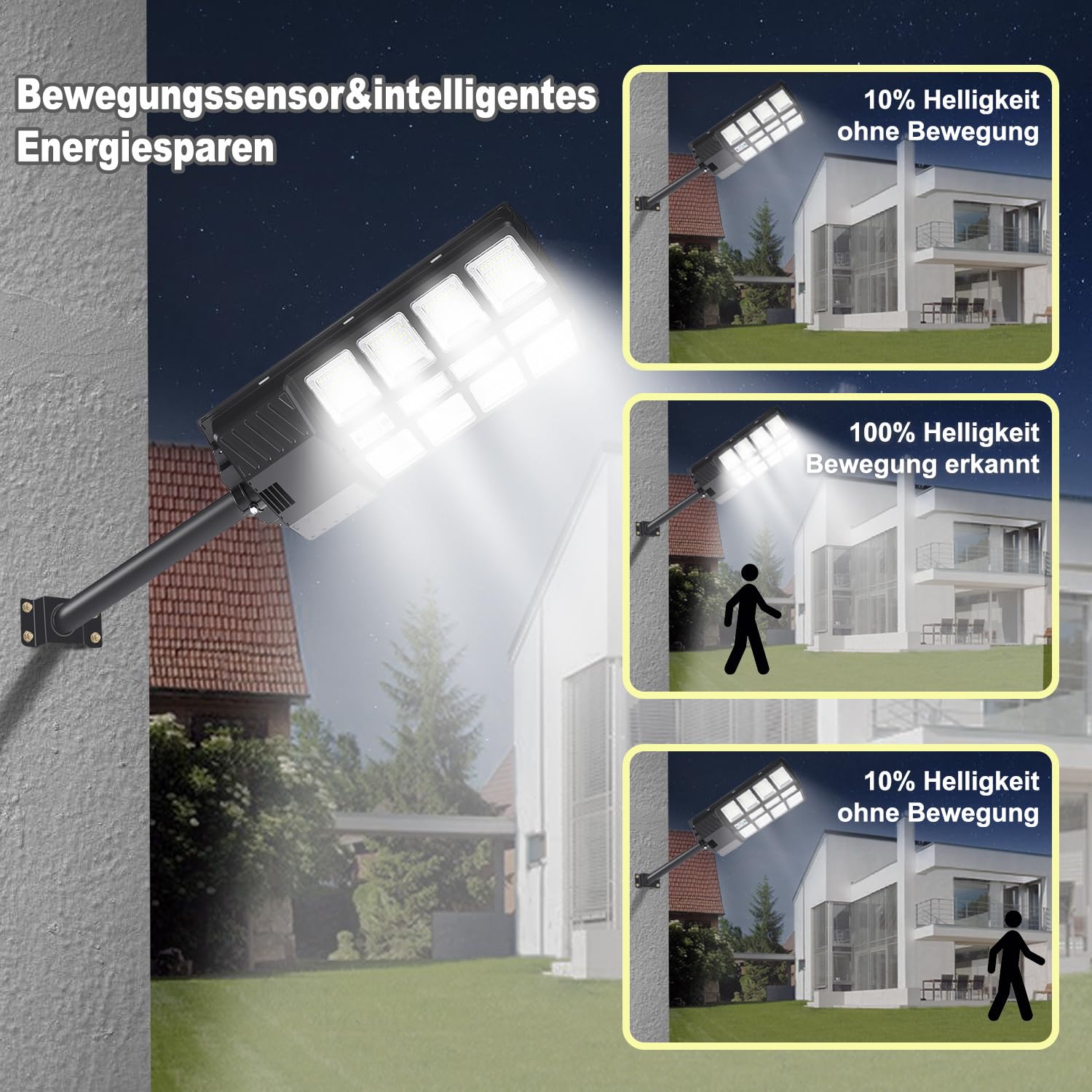 Zewnętrzne solarne światło uliczne, solarne światło uliczne LED 400 W, solarne lampy solarne do użytku na zewnątrz, 6500 K, lampa ścienna z czujnikiem ruchu, 4 sztuki