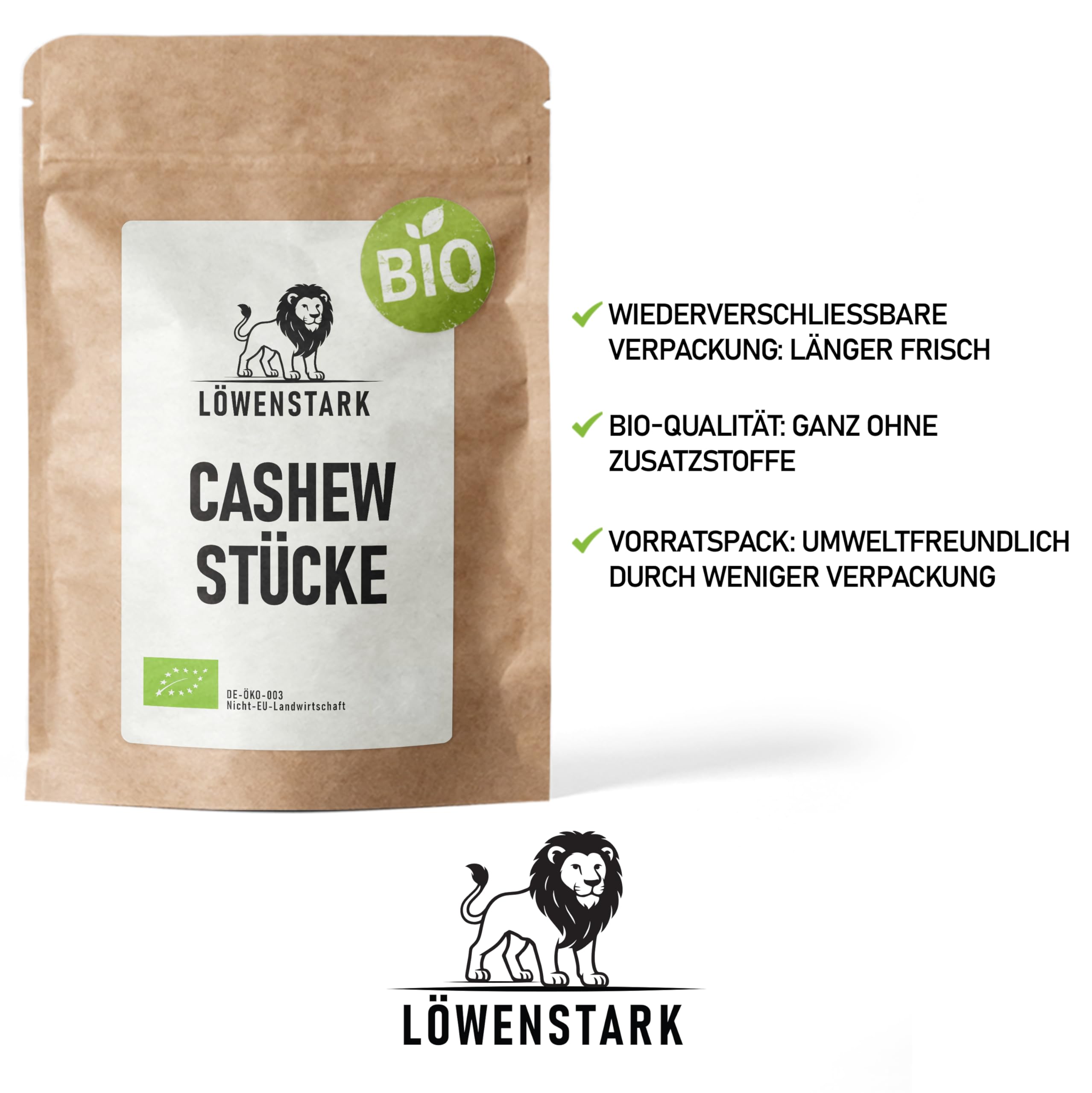 Löwenstark - BIO-Cashew-Stücke 1 kg, mild-nussiger Bio Cashewbruch, Cashewkerne perfekt zum Kochen, Backen oder für Müslis, Salate & Desserts, vegane Cashewnüsse