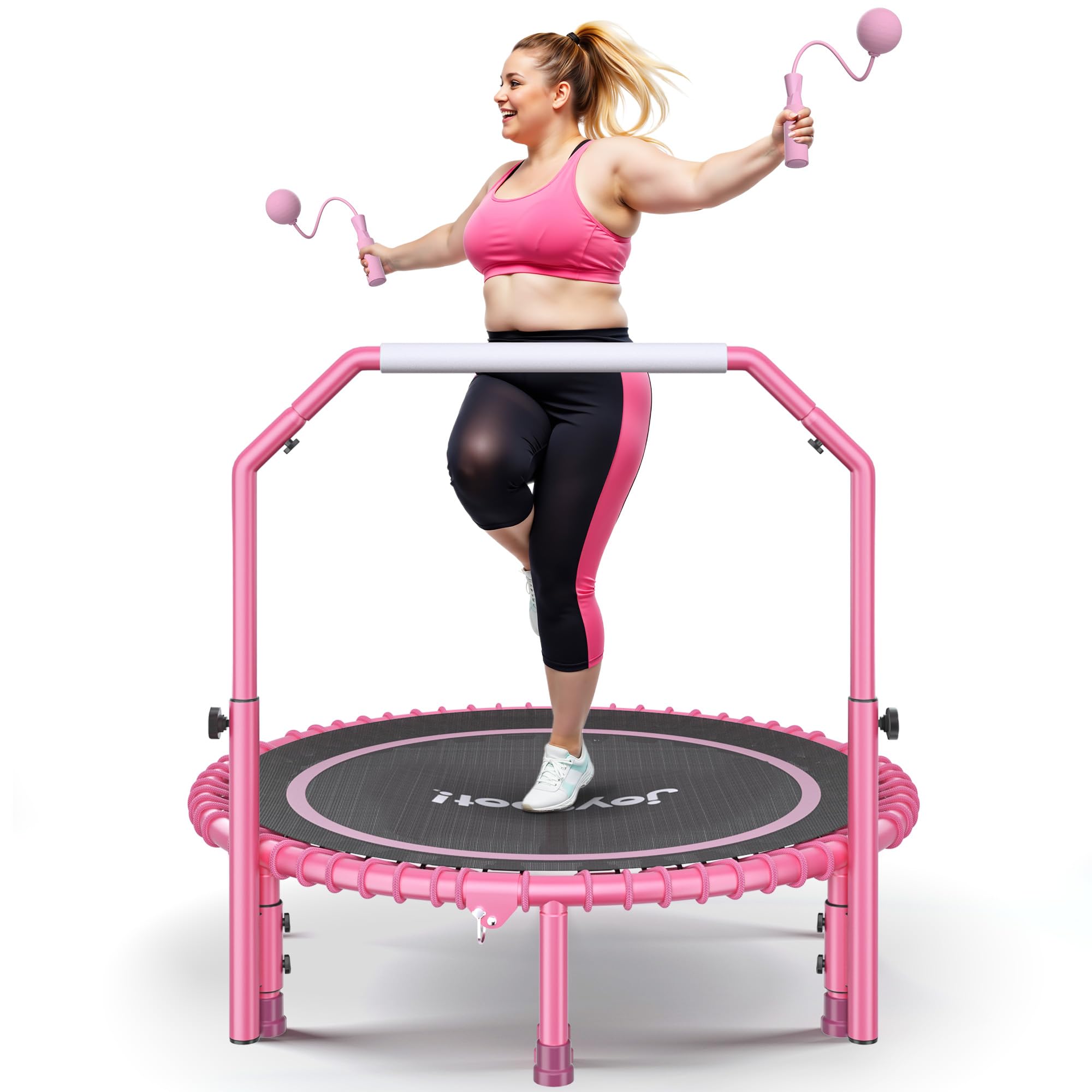 450 LBS Foldable Mini Trampoline for Adults, 40 inch Indoor Fitness Rebounder with U-Shape Adjustable Foam Handle, Quiet Bungee Jump System & Cordless Jump Ropes for Home