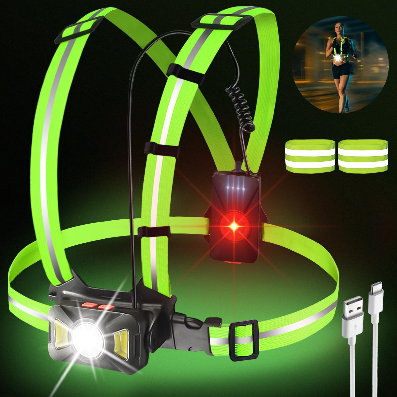 GOMETY Running Light with 2 Reflectors, LED Running Lamp, 5 Light Modes, Torch, USB Rechargeable Chest Lamp, 65° Adjustable, Waterproof, Lightweight for Runners