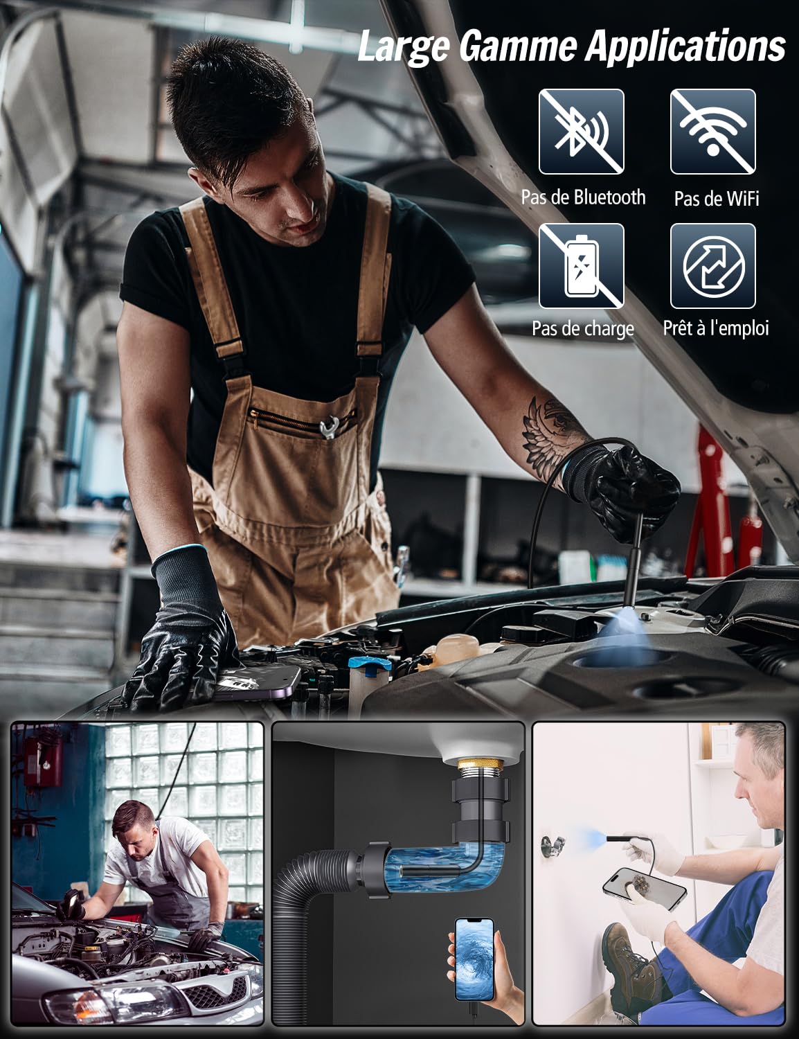 Camera Endoscopique 1920P HD 5M Borescope IP67 | Câble Semi-Rigide IP67 Étanche Compatible Pour Inspection de Canalisation Tuyaux de Vidange et Mécanique