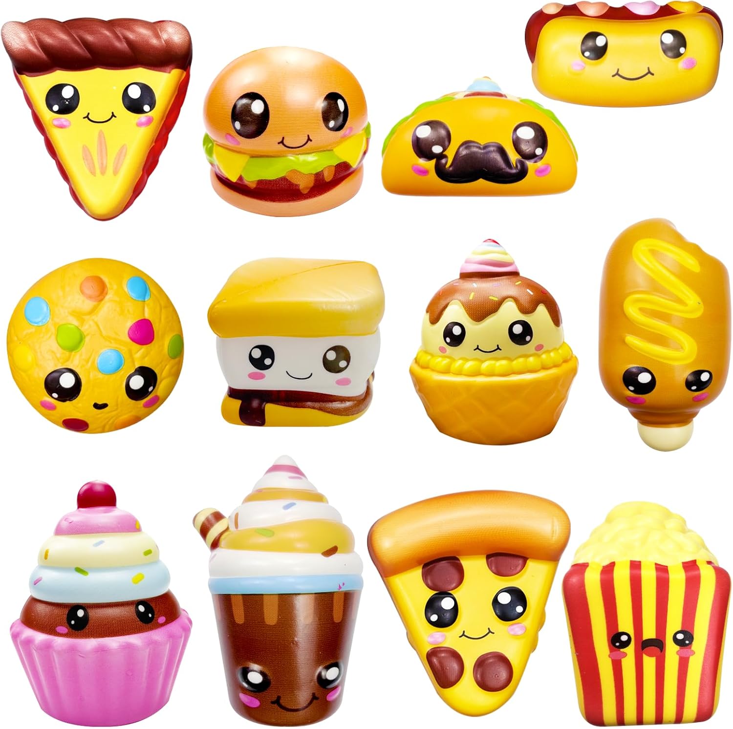 12-Pack Fast Food Slow Rise Squeeze Toys, Cute S'Mores Pizza Burger Taco Chips Fidget Toys for Kids & Adults, Perfect for Party Decor, Birthday Gifts & Classroom Rewards