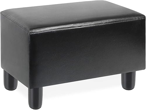 BRIAN & DANY PU Leather Foot Stool with Wooden Legs & Padded Foam Seat, Small Ottoman Footrest Seat, Black