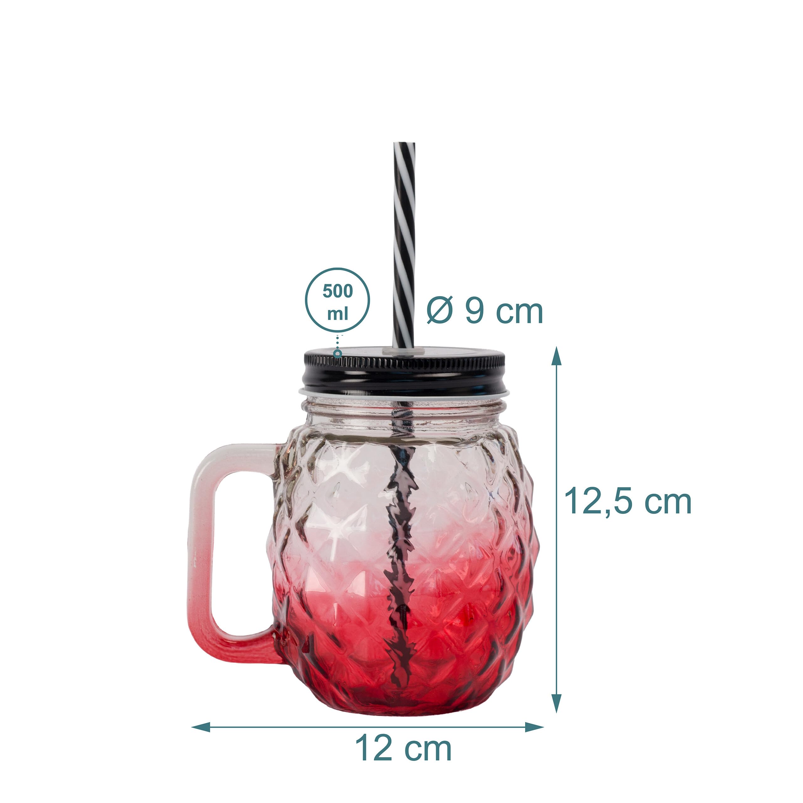 Relaxdays Bicchieri in Vetro con Coperchio, Cannuccia, Manico, Design Ananas, Chiusura a Vite, Set 4x500ml, Multicolore
