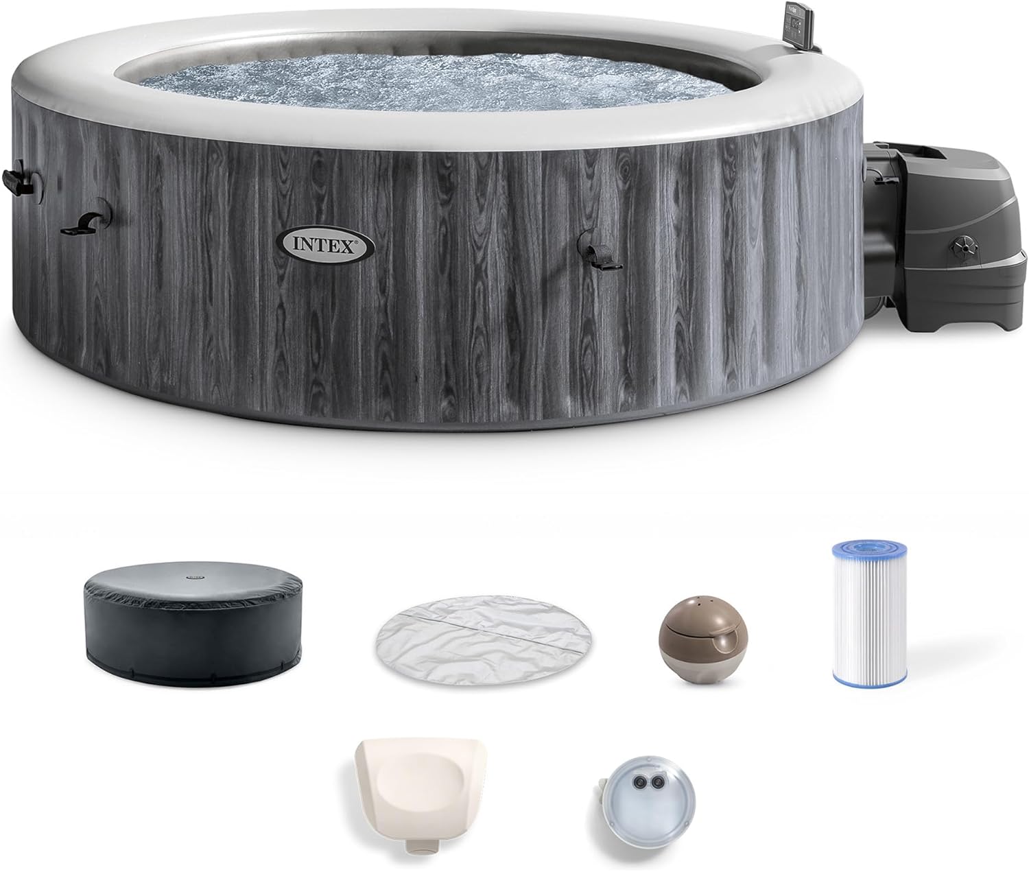 INTEX 28441EH PureSpa Greywood Deluxe Spa Set: Includes Energy Efficient Spa Cover – 170 Bubble Jets – Round Design – 6 Person Capacity – 85″ x 28″