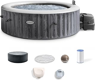 INTEX 28441EH PureSpa Greywood Deluxe Spa Set: Includes Energy Efficient Spa Cover - 170 Bubble Jets - Round Design - 6 Person Capacity - 85" x 28"