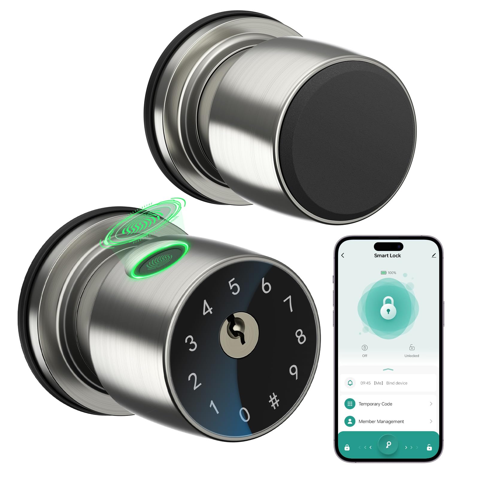 ironzon fingerprint door knob for bedroom - 291y 4-in-1 keyless bedroom door knob smart lock with app, one-tap privacy mode setup, auto-lock easy to install - satin nickel
