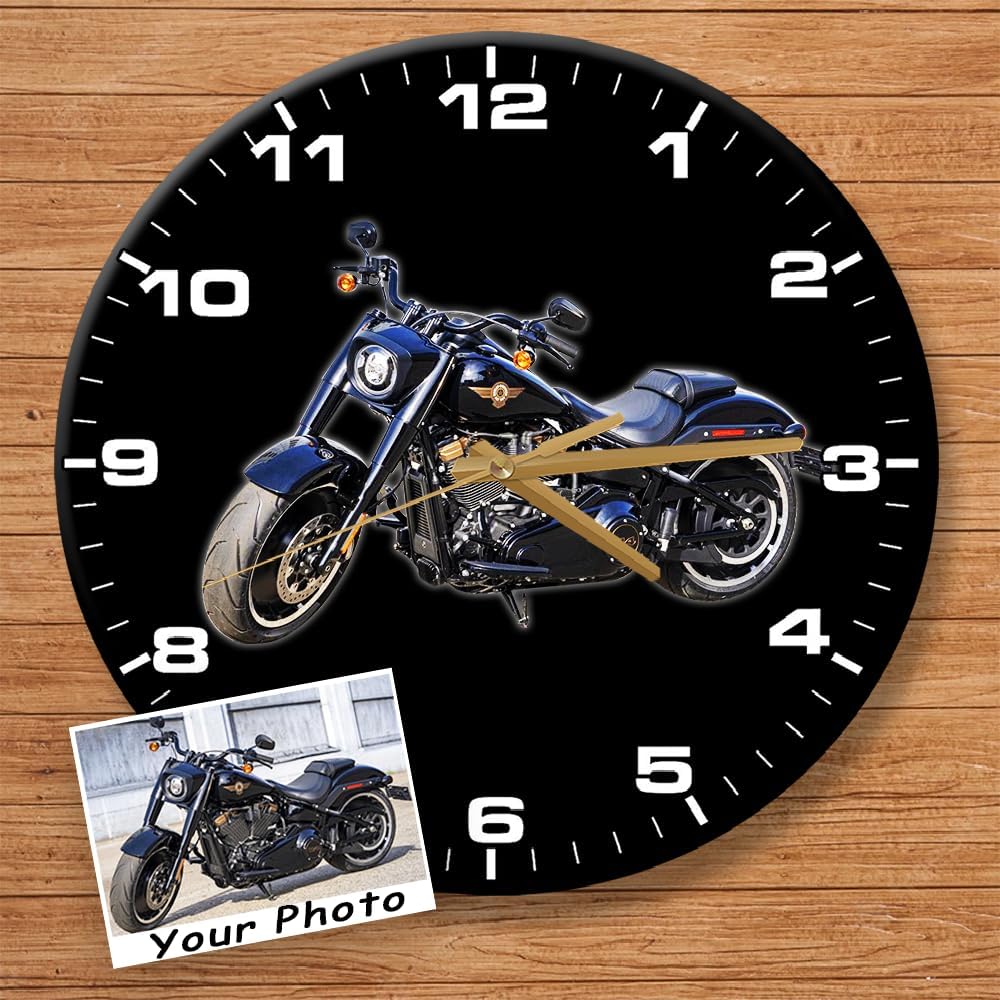 Personalized Photo Wall Clock for Motorcycle Lovers, 12'' Round Clock, Motorcycle Home Decor, Motorcyclist Birthday Father's Day Xmas Gift (Acrylic)