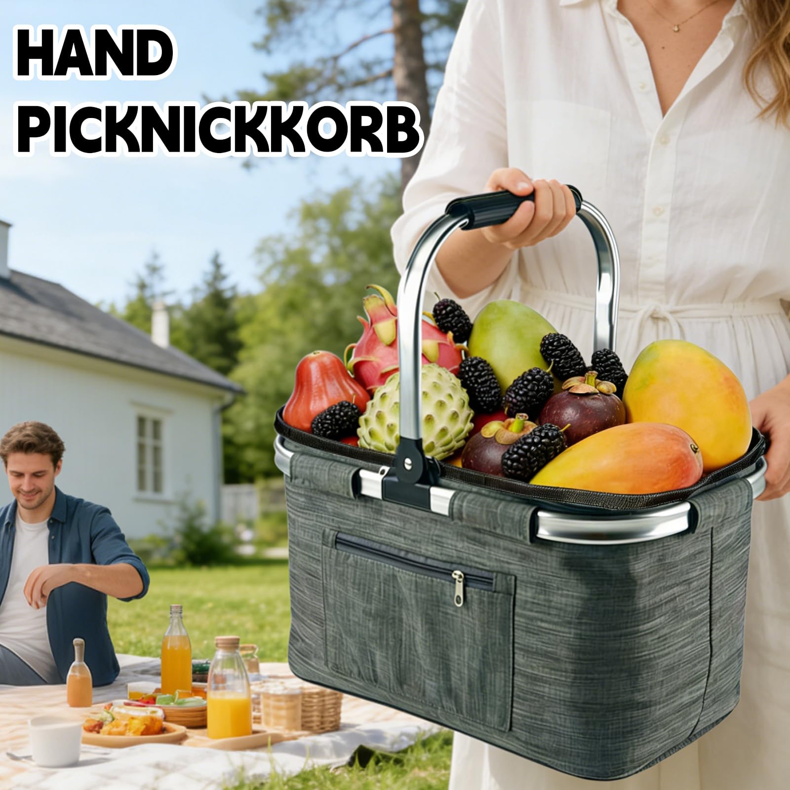 35L Einkaufskorb Faltbar, Großer Einkaufskörbe Korb mit Gepolsterten Griffen, Einkaufskorb Geeignet für Büro, Camping, Picknick und Reise Isoliertasche