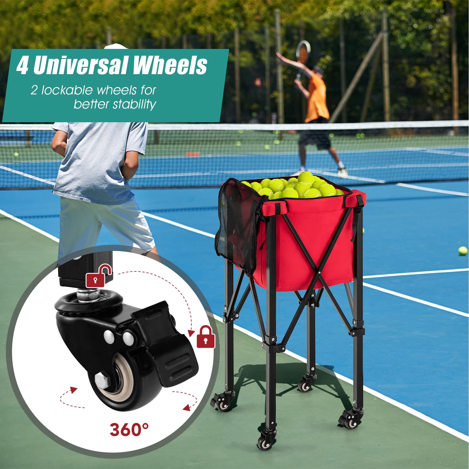 LIFEZEAL Panier à Balles de Tennis avec roulettes, Pliable avec Sac de Transport, pour Adultes, Accessoires d'Entraînement pour 150 Balles de Tennis