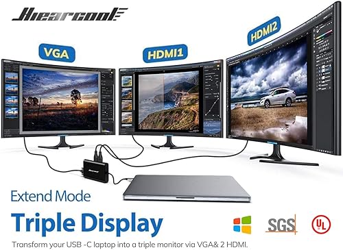 Miniatura 3 de Hiearcool Estación de acoplamiento USB C para laptop, Hub Tipo C 11 en 1 Adaptador Multipuerto Dongle, Base USB C con Dual HDMI VGA 100W PD Carga