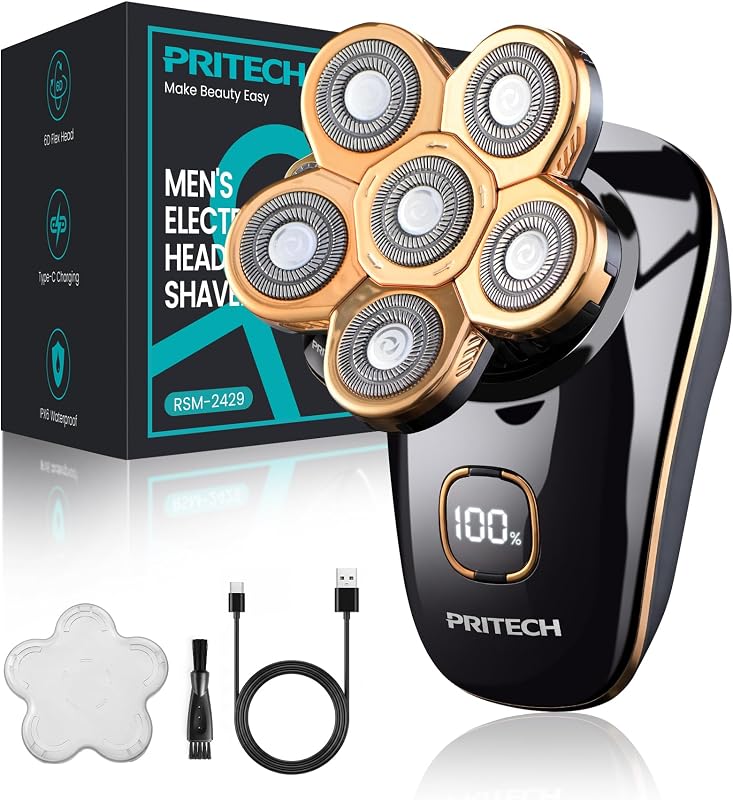 Barbeador elétrico rotativo PRITECH com 6 cabeças e carregamento USB-C, modelo RSM-2429