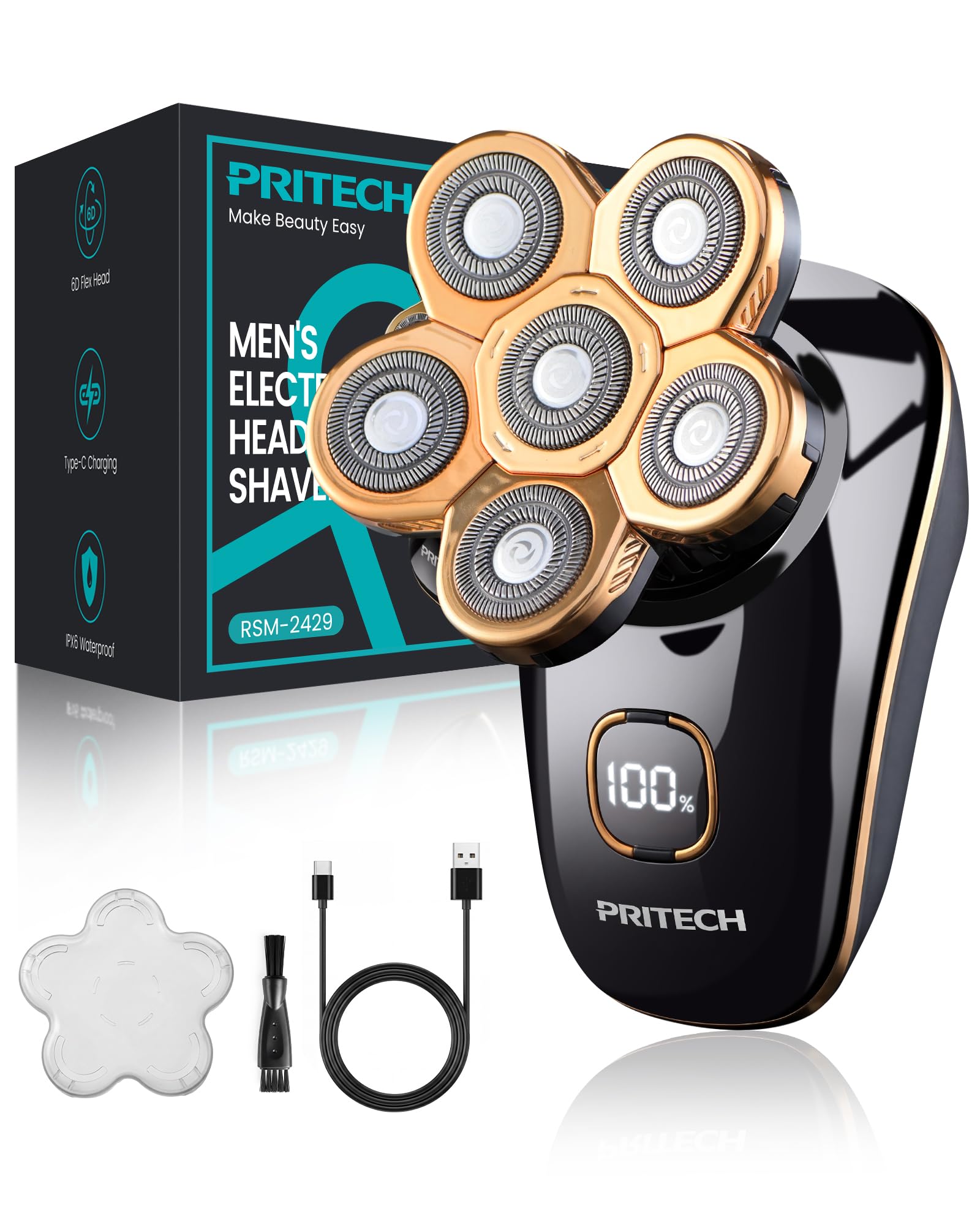 Head Shavers for Bald Men, Type-C Charge Razor with 6 Rotary Blades