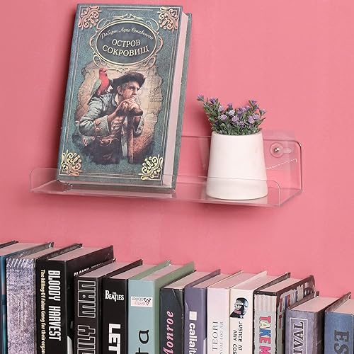 Miniatura 19 de Sooyee Estantes acrílicos, paquete de 6 estantes flotantes de pared de 15 pulgadas, estante de exhibición Funko Pop, estante invisible para libros