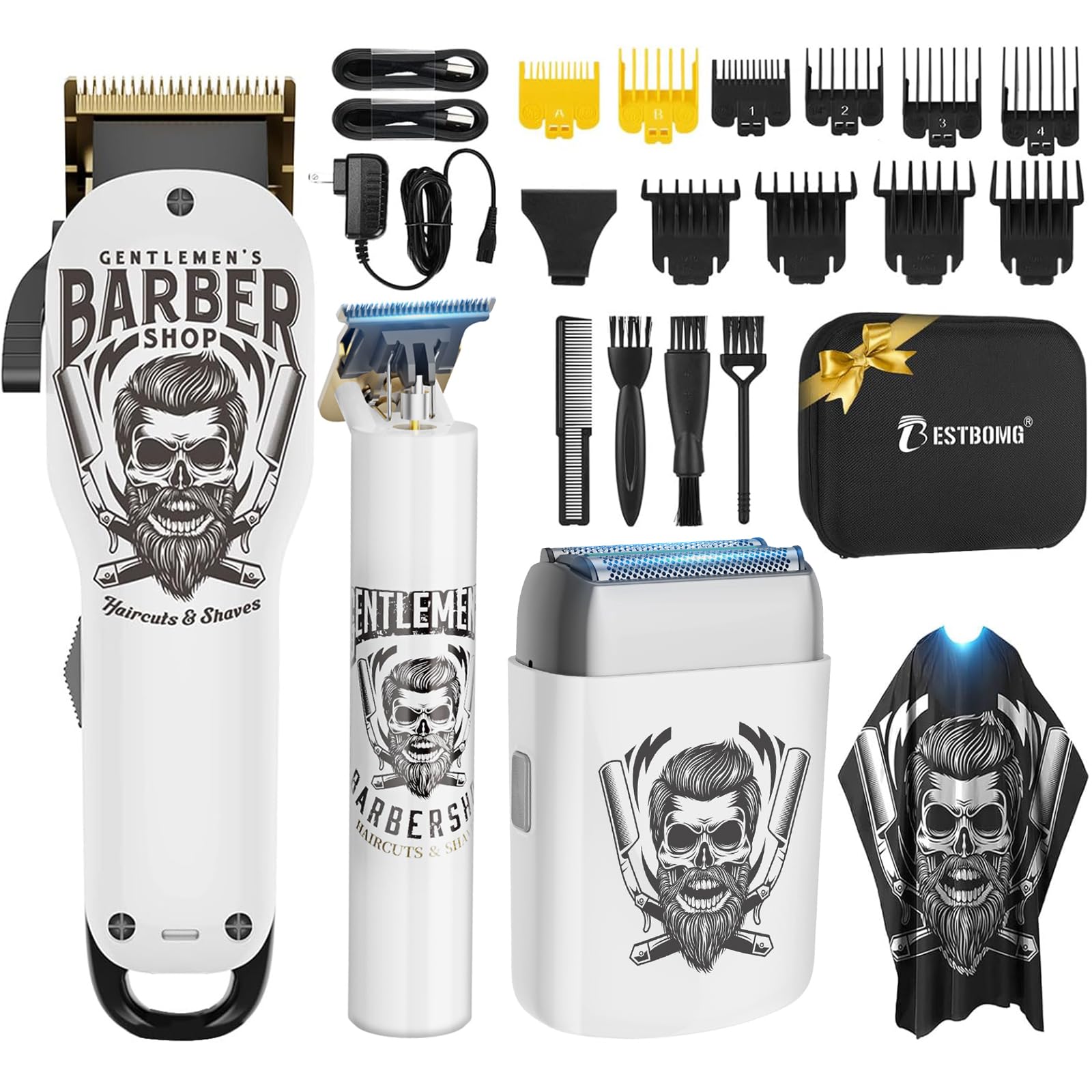 BESTBOMG Maquina de Cortar Pelo Hombre, Cortapelos Hombre, Máquina de Afeitar Eléctrica con Pantalla LED, Recortadora de Barba Cortadora de Pelo Clipper con Peine Guía, Capa de Barbero