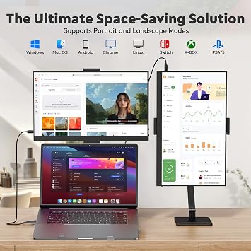 HONGO Portable Monitor 15.6'', Laptop screen extender, 1080P FHD Plug&Play Travel Laptop Monitor w, Foldable Stand, USB-C HDMI Portable Game External Screen for PC Mobile Phone PS4 PS5 Xbox Series X S