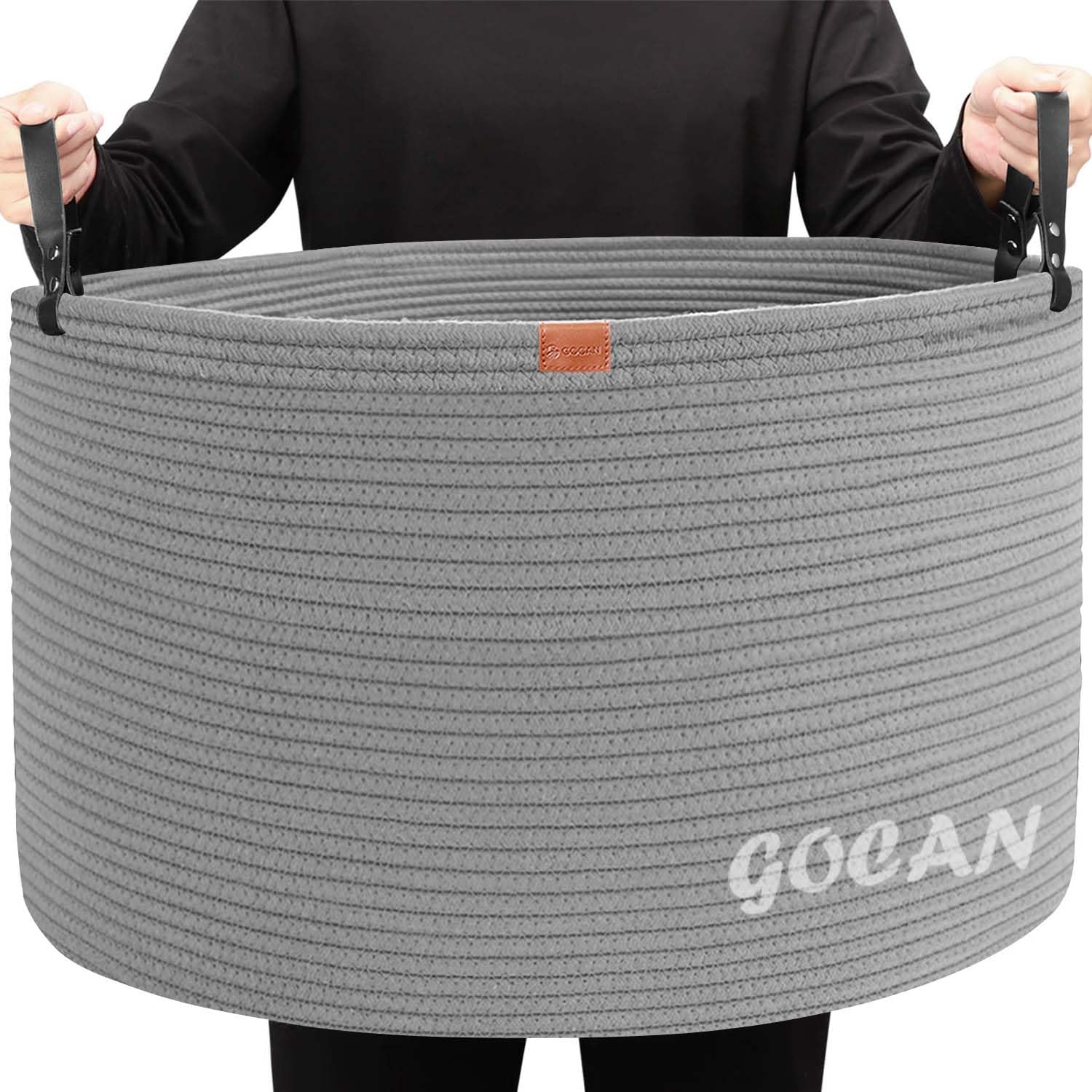 GOCAN - Cesta de almacenamiento extragrande tejida de cuerda de algodón con asas para ropa sucia, sala de estar, almacenamiento de juguetes, 55,88 cm x 55,88 cm x 35,56 cm, XXXL, gris
