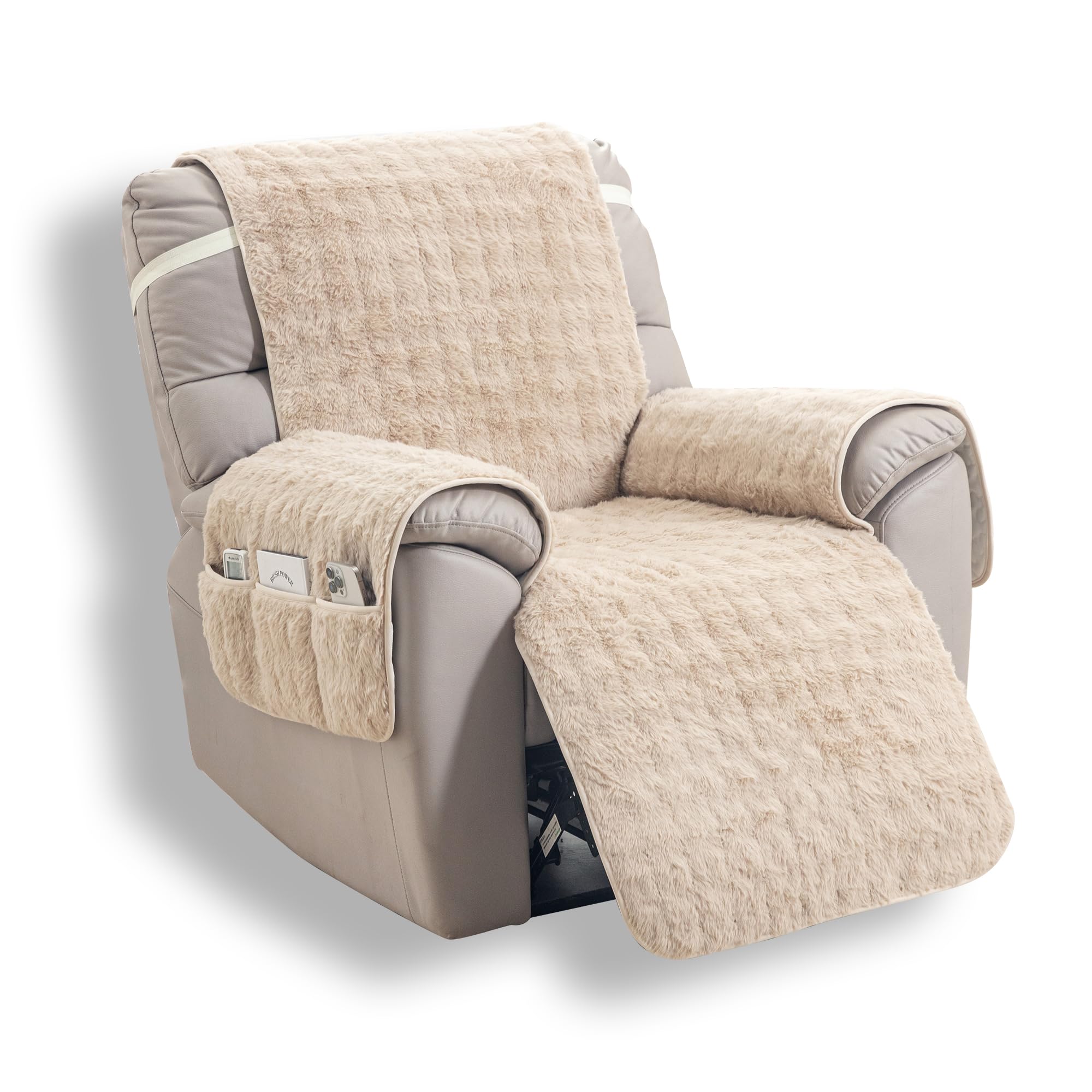 Sesselüberwurf für Relaxsessel, weich gepolsterter Sesselschoner aus Kunstkaninchenfell, rutschfest, mit wasserdichter Schicht, Tasche, waschbar, bis 60 cm (Beige, Sitzbreite bis 60 cm)
