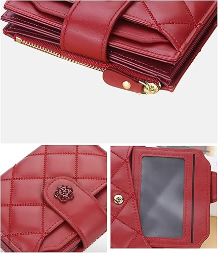 Vista 4 de LJCZKA Cartera de cuero vegano para mujer, tarjetero RFID, pequeño bolsillo con cremallera, billetera corta con ventana para identificación, Rojo