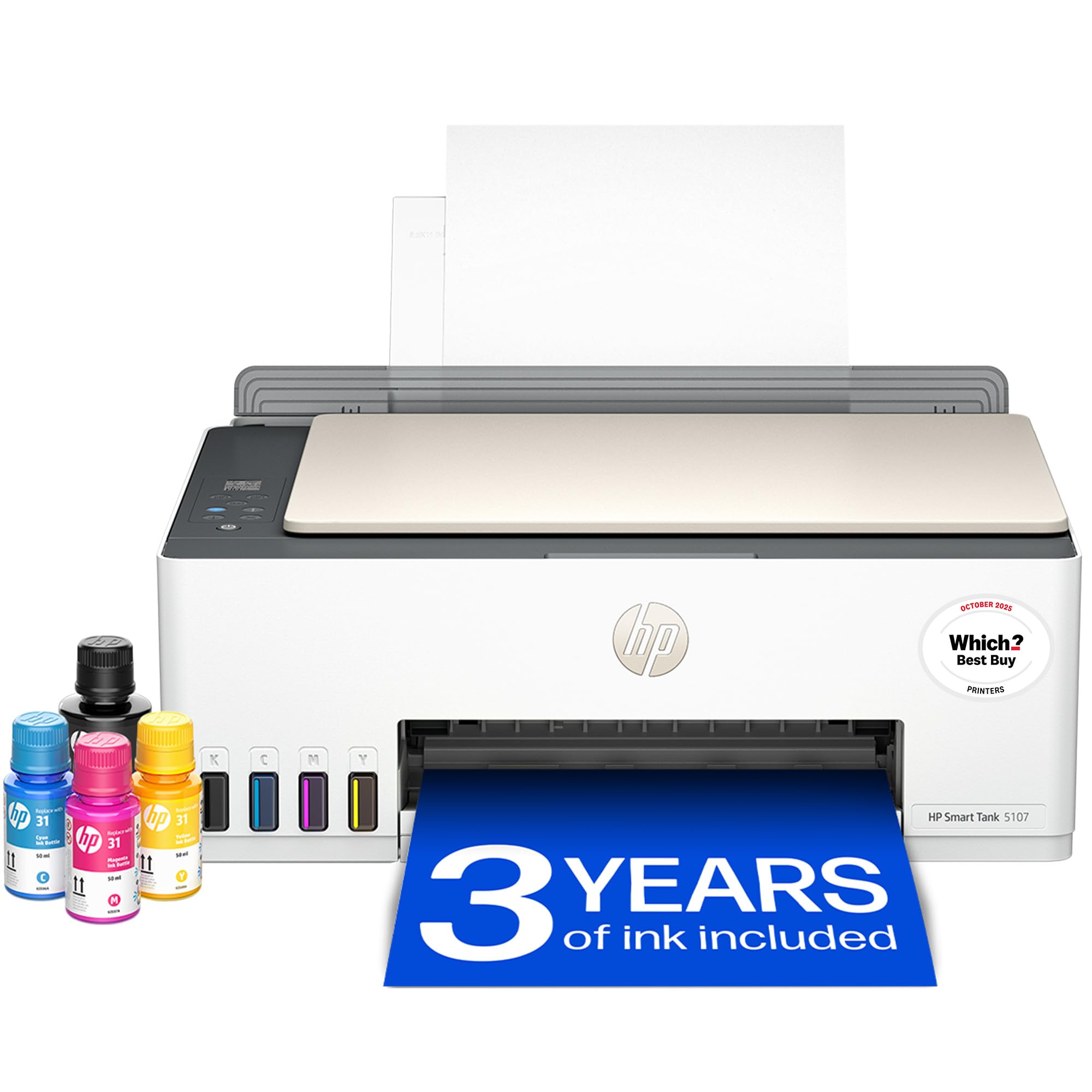 Smart Tank 5107 All in One Printer | Perfect for Home | Colour | Wireless | Print, Scan, Copy | Refillable | Includes up to 3 Years of Ink | Smart Buttons | Easy Setup | Reliable Wi-Fi