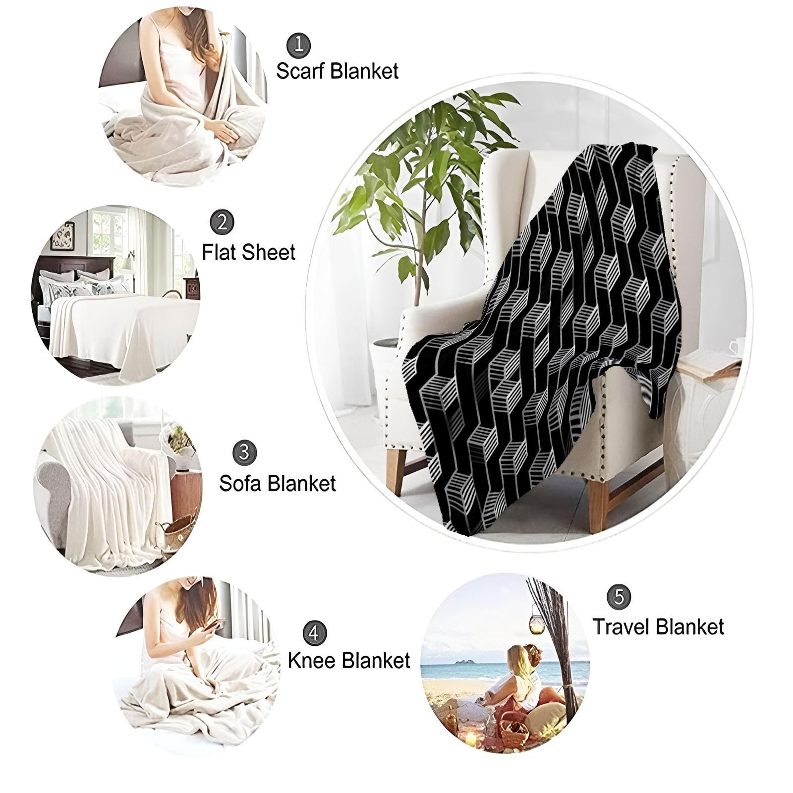 Manta de Franela Geometría Moderna para Mujeres y Hombres, Manta de Felpa de Franela Suave para sofá Cama, decoración de habitación Infantil 200 x 220 cm Negro