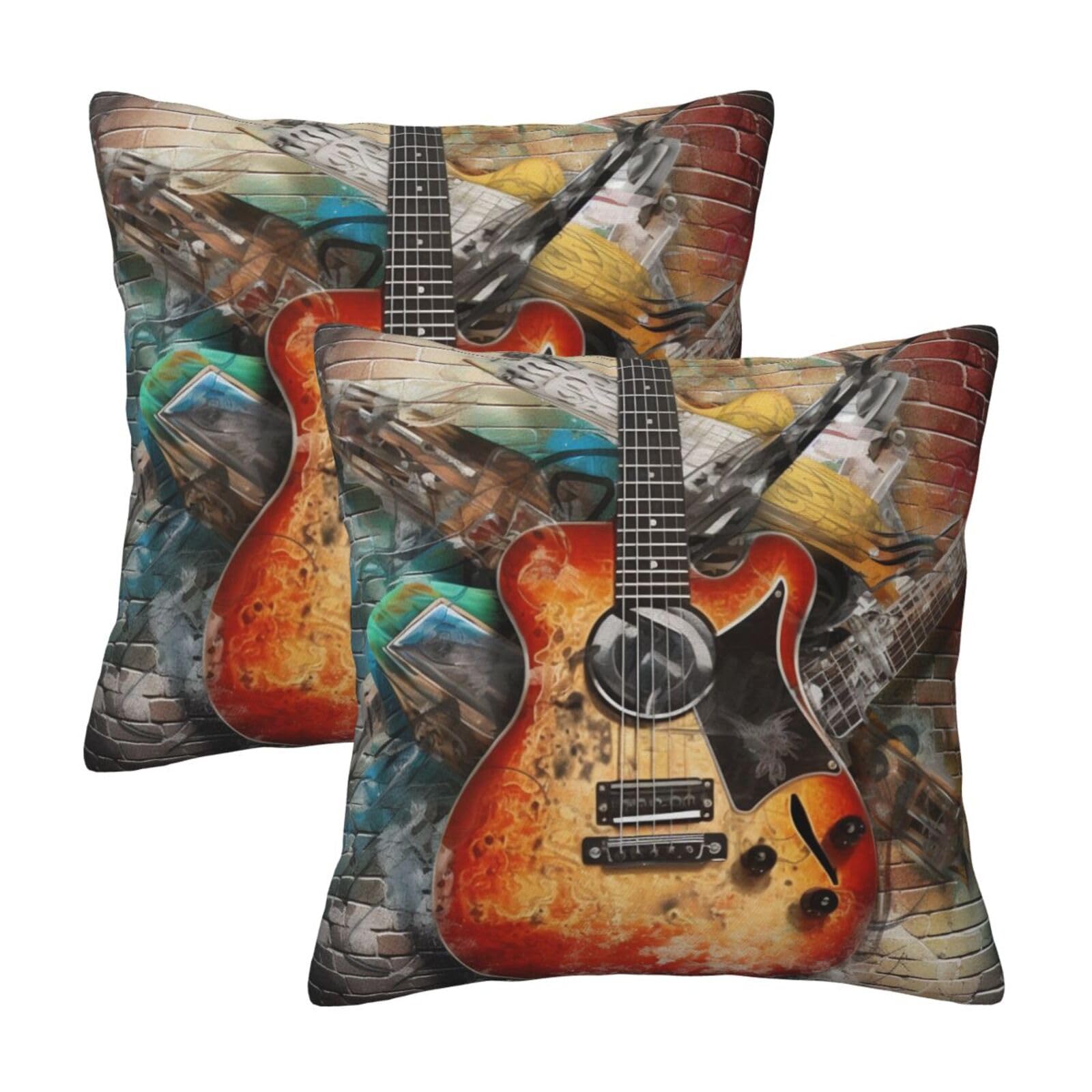 Guitar Painting Throw Pillow Cases 2 Pack Square Pillowcases Soft Pillow Protectors for Couch Livingroom Sofa Bed Office Car,50x50 CM