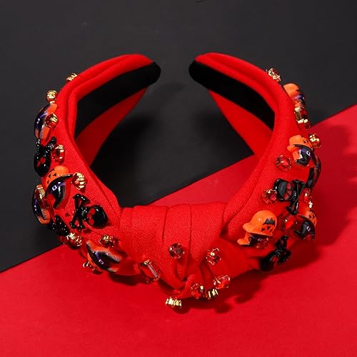 Miniatura 3 de Diademas de Halloween para mujer, sombrero de bruja, diadema de calavera de calabaza, diadema de cristal adornada con nudos anchos, disfraz de