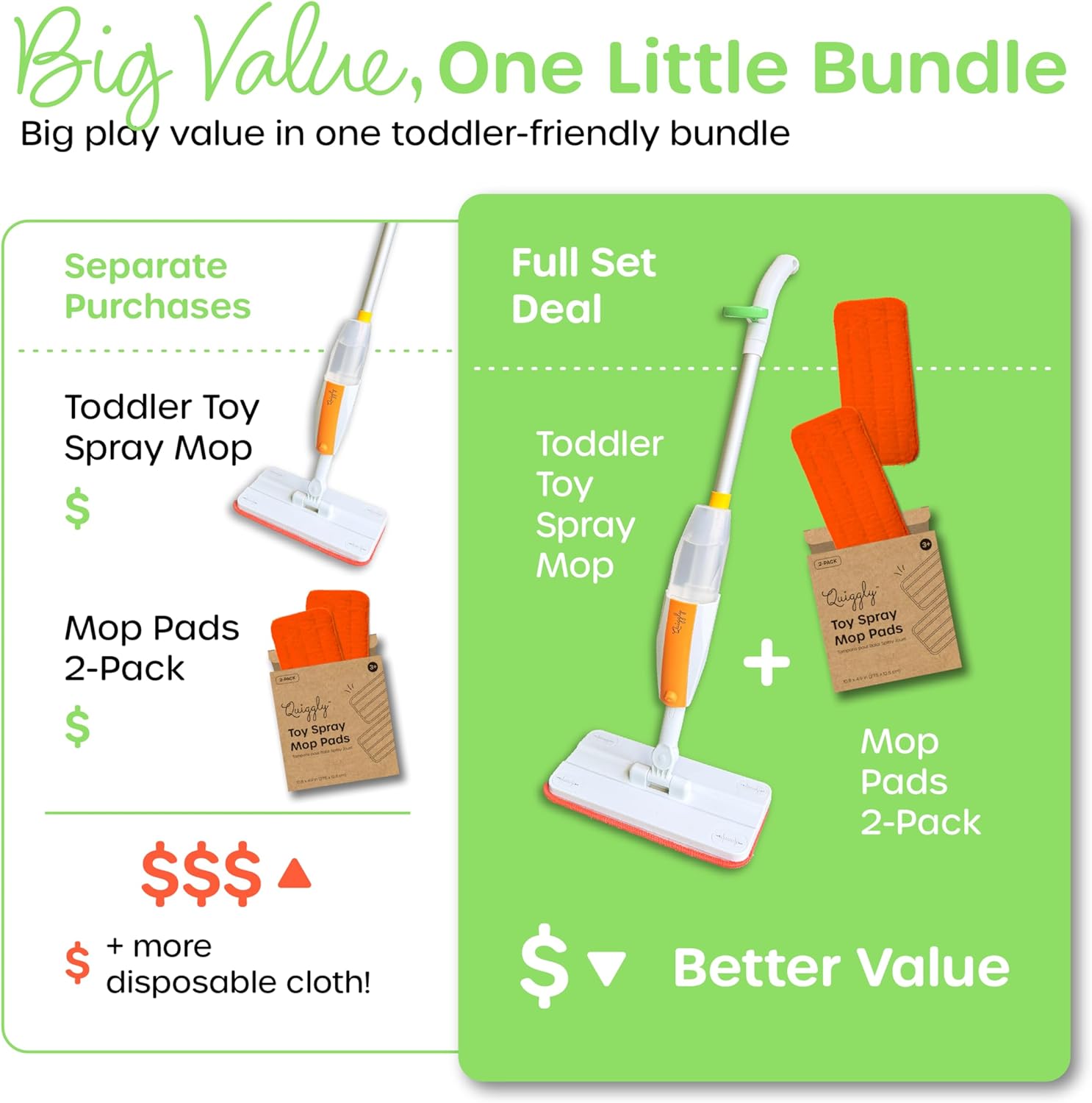 Quiggly Toddler Spray Mop Bundle – for Ages 3–5 - Two-Handed Montessori Cleaning Toy with Real Water Sprayer + 2 Extra Washable Mop Pads